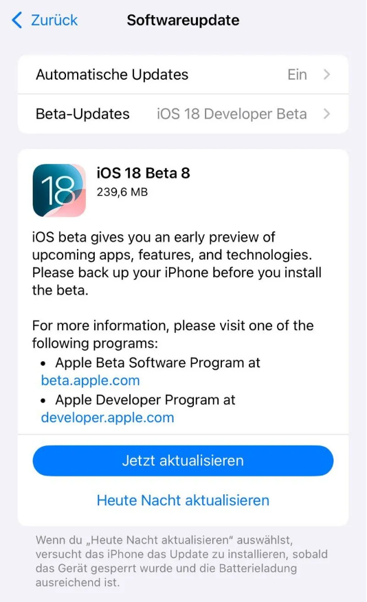 珠海苹果手机维修分享苹果 iOS / iPadOS 18 开发者预览版 Beta 8 发布 